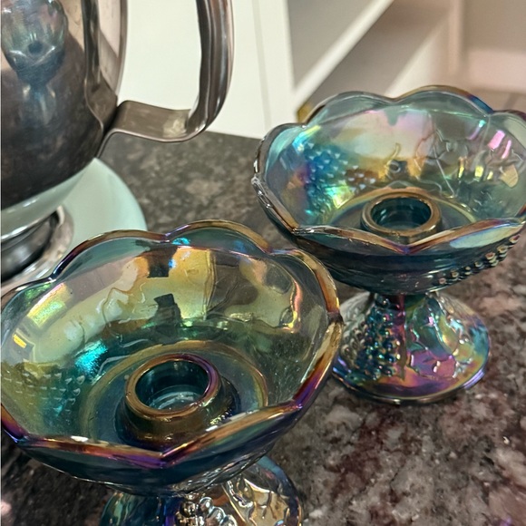 Iridescent Blue carnival Glass candle holders - Picture 2 of 3